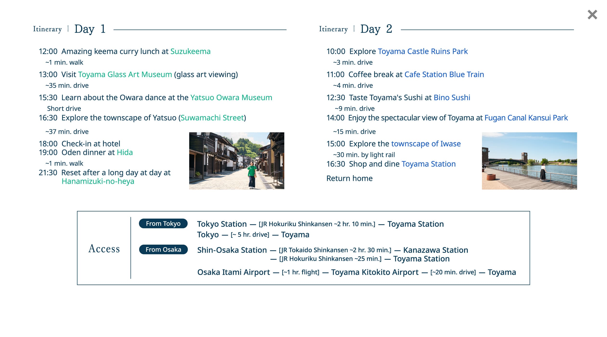 A two-day, one-night trip to Toyama City Schedule